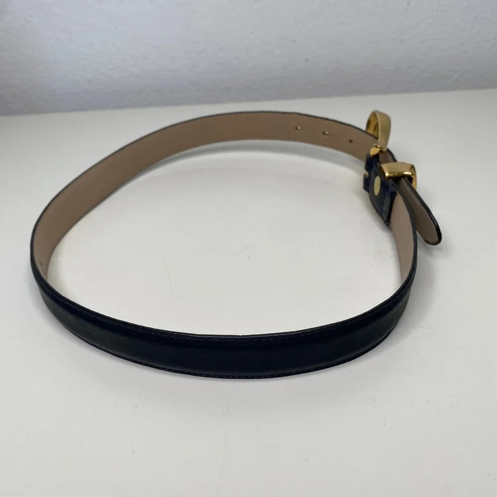 Captiva Navy Blue Genuine Leather‎ Belt Gold Sculptural Buckle Womens Small VTG?